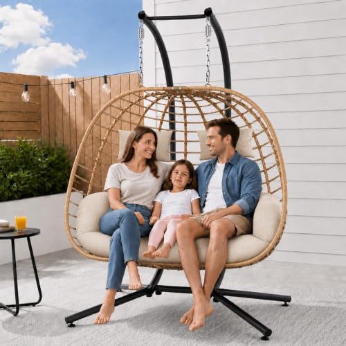 Micleed Double Egg Swing Chair with Stand, Outdoor 650LBS, Cream