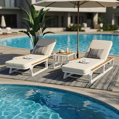 roomfitters 5-Piece Outdoor Patio Reclining Chaise Lounger Set with 2 Chairs, Cushions and Side Table, Cream, White and Teak