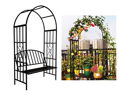 Garden Rose Arch with Bench, Metal Arbor Archway, Outdoor Patio Rose Trellis Pergola Climbing Plant Archway Tubular 114 cm Wide x 205 cm High, Black Garden Arbors and Arches Metal