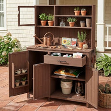 Roomfitters 65" Garden Potting Bench with Storage Hutch, Outdoor Potting Table & Prep Station, Drawer, Cabinet, Shelves, Brown