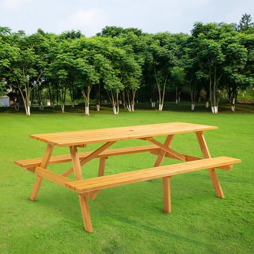 YOPTO 8 Person Wood Picnic Table with 2 Built-in Benches and Umbrella Hole, Outdoor Rectangular Camping Dining Table with 2 Seats,for Garden, Backyard, Porch, Patio,Natural