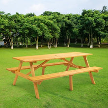 YOPTO 8 Person Wood Picnic Table with 2 Built-in Benches and Umbrella Hole, Outdoor Rectangular Camping Dining Table with 2 Seats,for Garden, Backyard, Porch, Patio,Natural