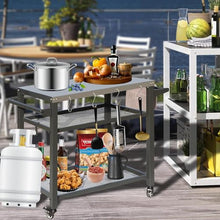 RCJCQSR 3-Shelf Outdoor Grill Table, Movable Stainless Steel Flattop Grill Cart, Multifunctional Metal Work Table Dining Cart Table with Double-Shelf for Indoor & Outdoor Cooking