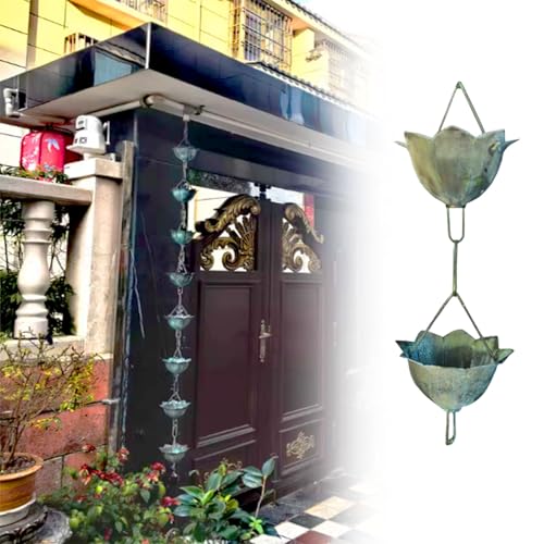 WhamtL Patina Rain Chain Rain Bells Cups, Heavy Duty Replacement Downspout Roof Without Gutter, Extra Long Trench Drain Waterfall Adjustable(Style2,7m (23ft))