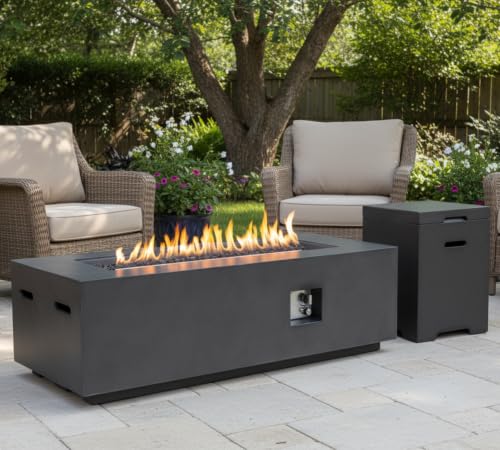 HillAethel 60-Inch Propane Fire Pit Table with Matching Tank Cover, 2-Piece Outdoor Set, 60,000 BTU Concrete Gas Fire Table with Waterproof Cover, Lava Rocks and Tank Seat for Patio Backyard, Black