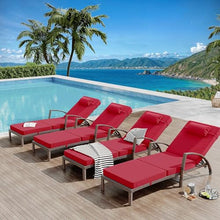 GarveeLife 2-Piece Rattan Patio Folding Chaise Lounge, 5-Position Adjustable Backrest Outdoor Lounge Chair with Cushion and Pillow for Poolside, Backyard, Deck, Porch, Red