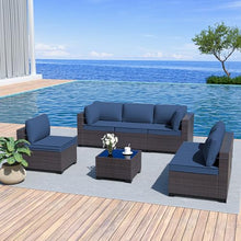 Kurapika 7-Piece Rattan Wicker Patio Furniture Set with Cushions and Glass Coffee Table Navy Blue