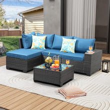 HTERWQEA 5-Piece Wicker Patio Furniture Set, PE Rattan Sectional Sofa with Storage Table & Peacock Blue Cushions, Outdoor Conversation Set for Garden or Porch