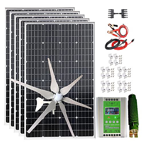 1000W Wind Turbine Generator Solar Panel Kit for 12V Battery Charge: 5pcs 120W Monocrystalline Solar Panel + 400W Windmill + Hybrid MPPT Charge Controller + Z Brackets + Cables