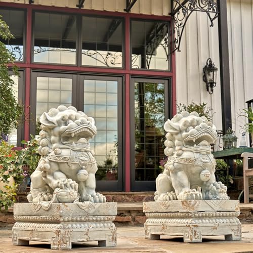 Zaer Ltd. Set of 2 Traditional Fu Dog Garden Statues, Chinese Guardian Lion Sculptures with Pedestals, Made with Magnesium-Cement (Distressed Gray)