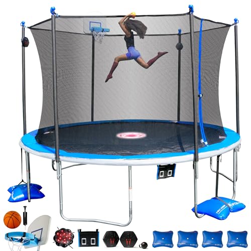TruJump 14 FT Ultimate Multiplay Trampoline with Basketball Hoop & Safety Net Blue