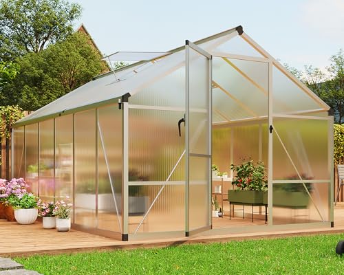 8x12 FT Greenhouses for Outdoors – Walk-in Polycarbonate Greenhouse with Roof Vent, Lockable Swing Door, Heavy-Duty Aluminum Frame Green House for Garden, Backyard, Patio (Silver)