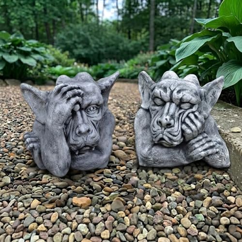 OLOMA Gothic Gargoyle Pair Concrete Garden Statue Set Mythical Creatures Statues Outdoor Garden Decor Lawn Ornaments Yard Art Patio Decoration Handcrafted Fantasy Sculptures