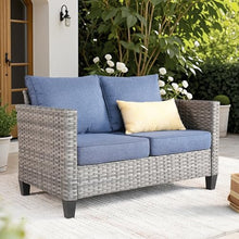 ovios Patio Loveseat, 2-Seater Outdoor Wicker Sofa Couch with Comfy Cushions, All Weather High Back Deep Seating Rattan Love Seat for Porch Deck Balcony, Denim Blue