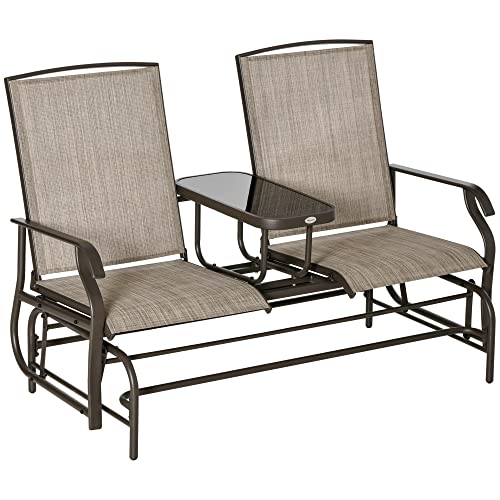 Kaimei Outdoor Glider Loveseat with Table, Metal Patio Bench for 2 People, Breathable Mesh Seats, Backyard Porch Seating