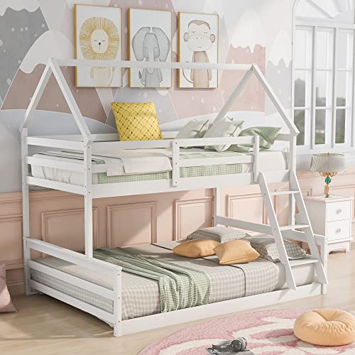 Acosure Twin Over Full Bunk Bed with Ladder & Guardrail, Convertible to 2 Beds, White