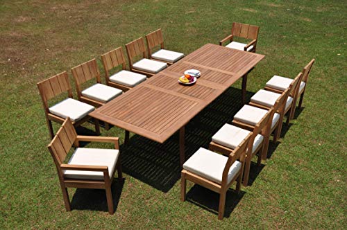 TeakStation 12 Seater Grade-A Teak Wood 13 Pc Dining Set: 118" Double Extension Rectangle Table and 12 Veranda Chairs (2 Arm & 10 Armless Chairs) #TSDSVR42