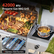 COWSAR 4-Burner Gas Grill, 42000 BTU BBQ Grill, Stainless Steel Barbecue Grill with Side Burner, Enameled Cast Iron Grill, Pull-Out Oil Tray, Suitable For Outdoor, Backyard Barbecues