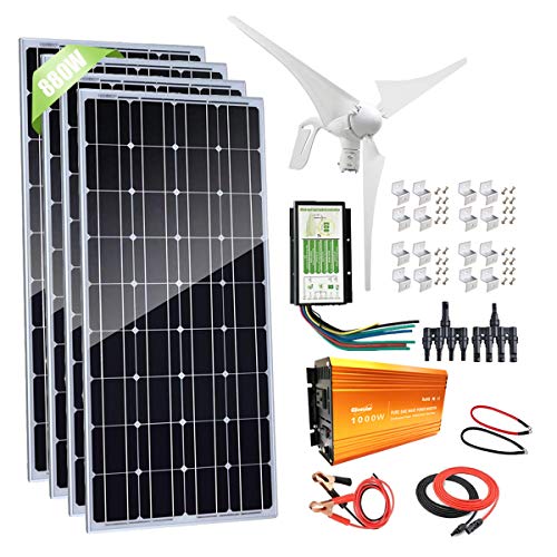 880W Solar & Wind Power Kits Home Off-Grid System for Charging 12V 24V Battery：400W Wind Turbine Generator + 480W Mono Solar Panel + Hybrid Charge Controller+1000W Inverter+Accessory