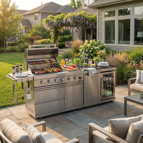 84 Inch Outdoor Kitchen Island, 6-Burner 75300 BTU Propane Gas Grill with Refrigerator, Sink, Wine Cooler, Granite Countertops and Rotisserie Kit, Stainless Steel Barbecue Bar for Patio, Silver
