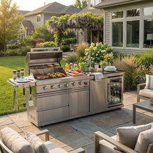 84 Inch Outdoor Kitchen Island, 6-Burner 75300 BTU Propane Gas Grill with Refrigerator, Sink, Wine Cooler, Granite Countertops and Rotisserie Kit, Stainless Steel Barbecue Bar for Patio, Silver
