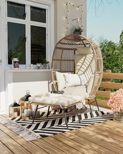 GarveeLife Oversize Wicker Egg Chair with Ottoman, Egg Basket Lounge Chair with Thick Cushion, Comfy Egg Rattan Seat for Indoor Outdoor Patio Porch Backyard, Beige