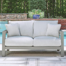Signature Design by Ashley Moonlight View Contemporary Outdoor Nuvella Weather Resistant Fabric Loveseat with Cushion and 2 Throw Pillows, White & Light Gray