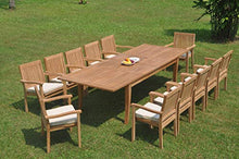 WholesaleTeak 12 Seats 13 Pcs Grade-A Teak Wood Dining Set: 122" Atnas Double Extension Rectangle Table and 12 Leveb Stacking Arm Chairs #WHDSLV