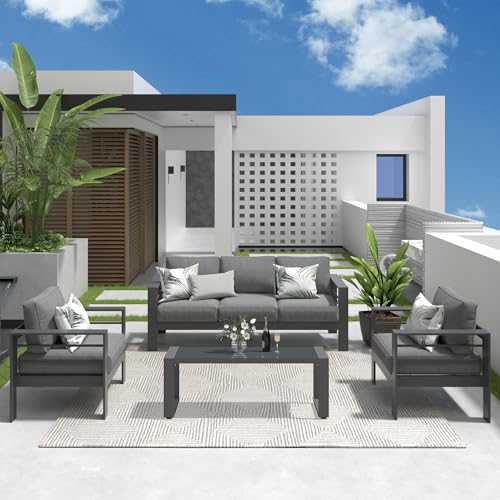 Solaste Aluminum Patio Furniture Set 4 Pcs Modern Outdoor Conversation Set Grey
