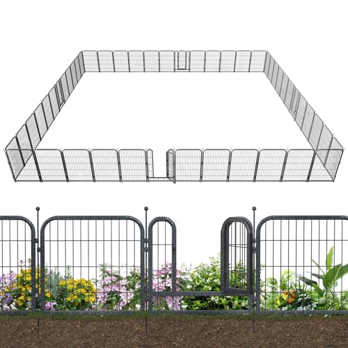 Metal Garden Fence with 42 Panels 6 Gates Outdoor Dog Fence 108ft (L)×40in (H) Decorative Pet & Animal Barrier, Garden and Yard Fencing，Black-Silver