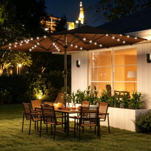 14.8FT Double-Sided Patio Sun Umbrella with 48 Solar LED Lights, Coffee Outdoor Garden Parasol with Vented Double Canopy, 12 Steel Ribs & Crank Operation, Water-Resistant Shade for Patio Backyard