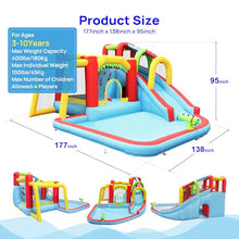 7-in-1 + Inflatable Water Park Bounce House + with Splash Pool, Water Gun, Climbing Wall, Basketball Hoop and Soccer Goal + Outdoor Garden + Bouncer for Kids