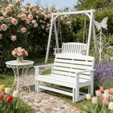 Spacious HDPE 2 Seater Patio Glider Bench w/Ergonomic Sloping Backrest & Slatted Seat for Garden, All Weather Outdoor Gliding Rocking Bench w/Durable HDPE Construction for Porch, Deck (White)