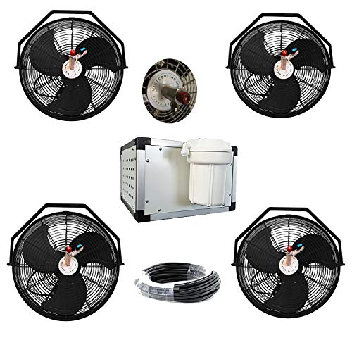 mistcooling Misting Fan System - 18 Inch Fans with 1500 PSI Misting Pump - With Patented Center Hub- For residential, restaurant, Industrial and Commercial Application (4 Fans)
