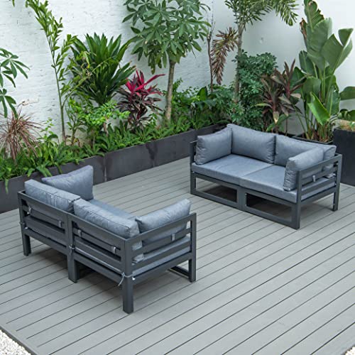 LeisureMod Chelsea 4-Piece Sectional Loveseat Set Black Aluminum with Cushions (Blue)