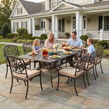 Attliasalon 9-Piece Cast Aluminum Outdoor Dining Set Retro Patio Dining Set for 8 Includes 86.6’’ Rectangular Table and 8 Chairs with Removable Cushion and Umbrella Hole for Patio Deck Garden Porch