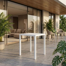 Outdoor Escape White Square Outdoor Patio Bar Table, Contemporary Style, 35W X 35D X 40H Inches, Durable Finish, for Dining, Entertaining