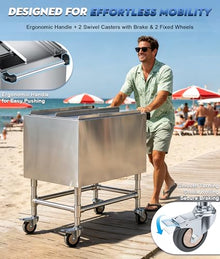 Stainless Steel Insulated Ice Bin Cart with Wheels, Portable Mobile Outdoor Cooler Cart with Sliding Lid, Removable Handle & Drain Pipe, Large Capacity Ice Storage Bin for Parties,Patio&Outdoor Events