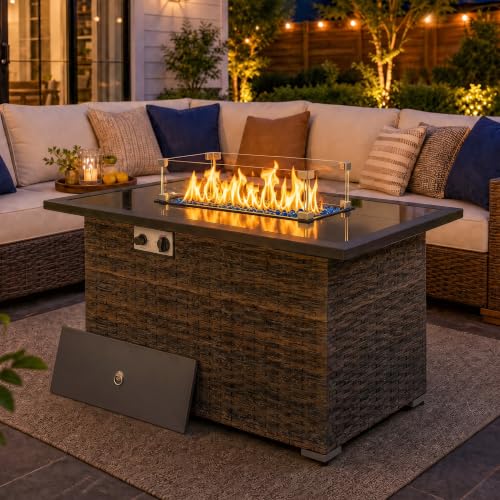 44" Propane Fire Pit Table with Tempered Glass Top, Lid, Brown