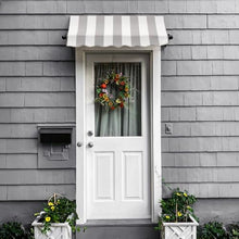 Awntech 3' Charleston (40.5"-24"-24") Sloped Fixed Awning with Scrolled Iron Arms, Gray/White Stripe