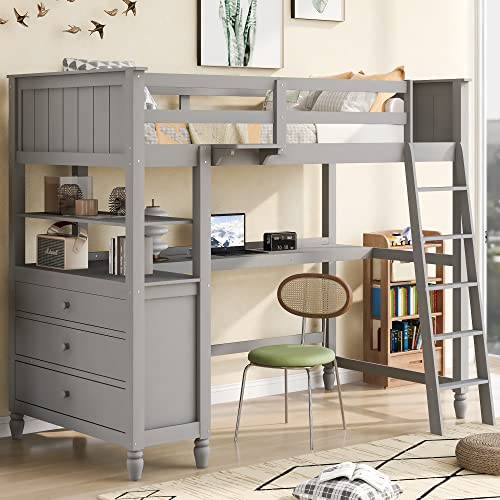 Harper & Bright Designs Twin Loft Bed with Desk and Storage Gray