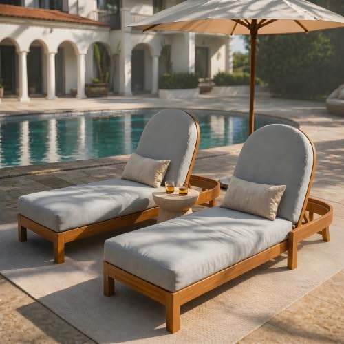 Patio Acacia Wood Chaise Lounge Chairs with Adjustable Backrest Set of 2, Teak Finish Outdoor Reclining Chaise Lounger with Light Grey Cushion, Single Lounge Chair for Patio Backyard Poolside