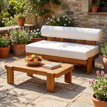 Merax 2 Piece Patio Loveseat & Coffee Table Set with Acacia Wood Frame, Waterproof Cushions & Round Backrest for Garden, Deck & Balcony, Beige+Teak