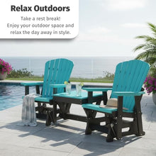 DutchCrafters Slat Fan Back Double Poly Adirondack Glider Outdoor Patio Chairs with Center Table (Black & Weatherwood)