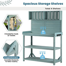 AMNOOL 65 Inch Large Wooden Farmhouse Antique Outdoor Potting Bench Patio Work Station Garden Potting Bench with 4 Storage Shelves and Side Hooks for Garden Patio Backyard, Green