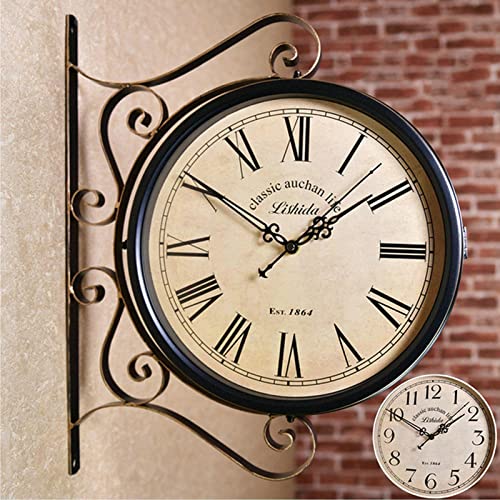 Wall Clock, Outdoor Garden Clocks, Station Clock Double-Sided Hanging Clock Wall Clock Retro Vintage Station Clock,C