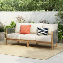 Christopher Knight Home Havets 77"W Outdoor 3 Seater Sofa, 6" Thick Cushion Couch, Acacia Wood Bench Sofa, Comfy Woven Rope Armchair, Spacious Seating Bench Couch for Backyard Garden Porch, Gray+Beige