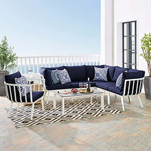 Lounge Sectional Sofa Chair Set, Aluminum, Metal, White Blue Navy, Modern, Outdoor Patio Cafe Bistro