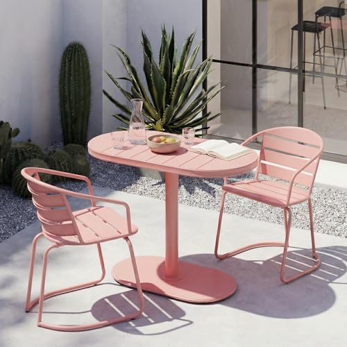 Merax Bistro Table and Chairs Set of 2, Retro Iron Outdoor Bistro Set, Oval Tabletop Coffee Table Dining Chairs All-Weather Bistro Set for Porch Patio Balcony Lawn Garden (Coral Pink)