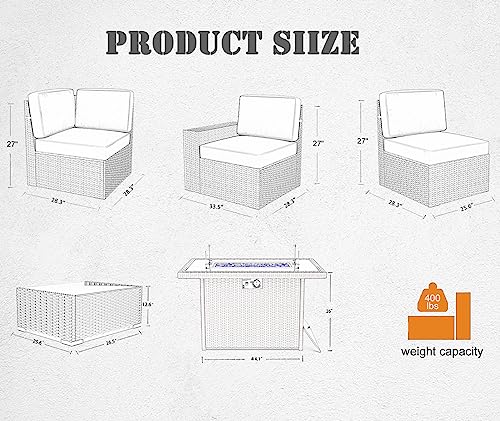Vakollia 7-Piece Patio Furniture Set with 44" Propane Fire Pit Table, Outdoor Wicker Sofa Sets A2/Black-Black